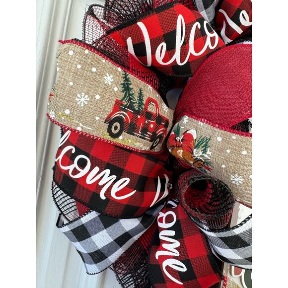 Rustic Christmas Wreath Buffalo Plaid and Vintage Truck Holiday Farmhouse Décor - Picture 2 of 8